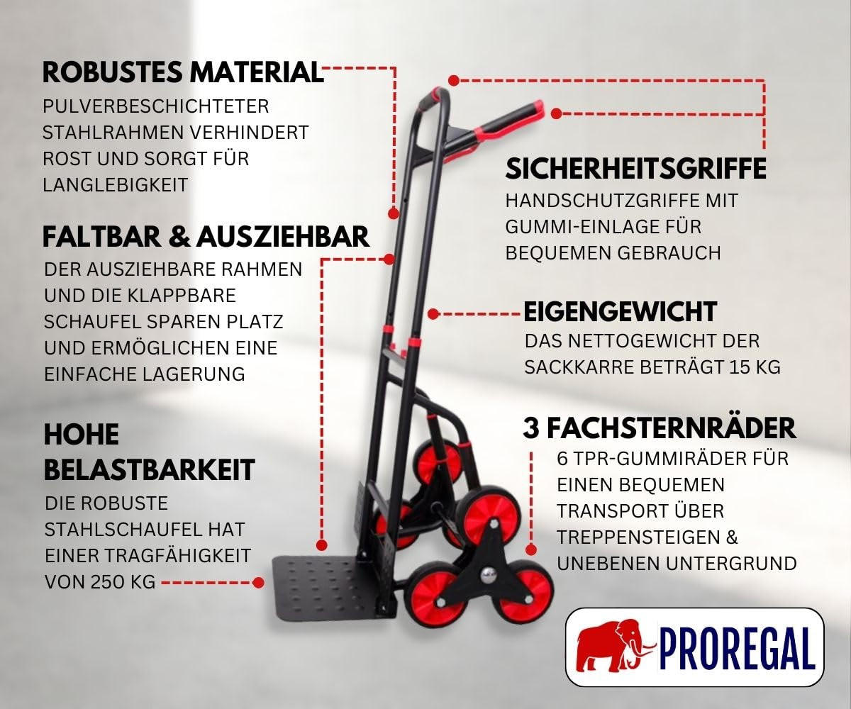 TREPPENSTEIGER Sackkarre Taurus 250 115x52x63cm Traglast 250kg Stahlrahmen Rot-Schwarz - Schwarz, Metall (63/52/115cm) - PROREGAL