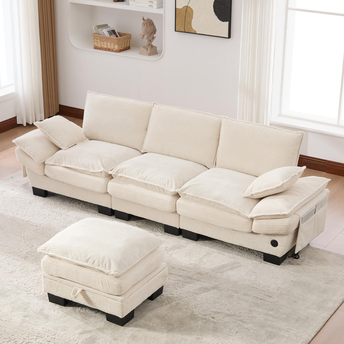 3-SITZER Sofa aus Cord 260x132x84 cm mit USB-C & Seitentaschen, beige - Beige, Textil (132/84/260cm)