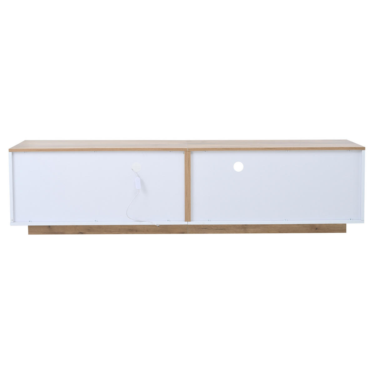 TV-LOWBOARD aus Spanplatte 180x40x46 cm Weiß/Naturholzfarbe mit LED, Hochglanzfront und 2 Schubladen - Weiß, Holzwerkstoff (180/46/40cm) - Modfu