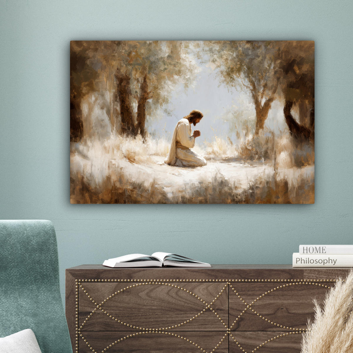 LEINWANDBILD Jesus - Kniend - Waldlandschaft - Betend Gemälde 60x40 cm - Beige/Hellblau, Textil (60/40cm) - MuchoWow