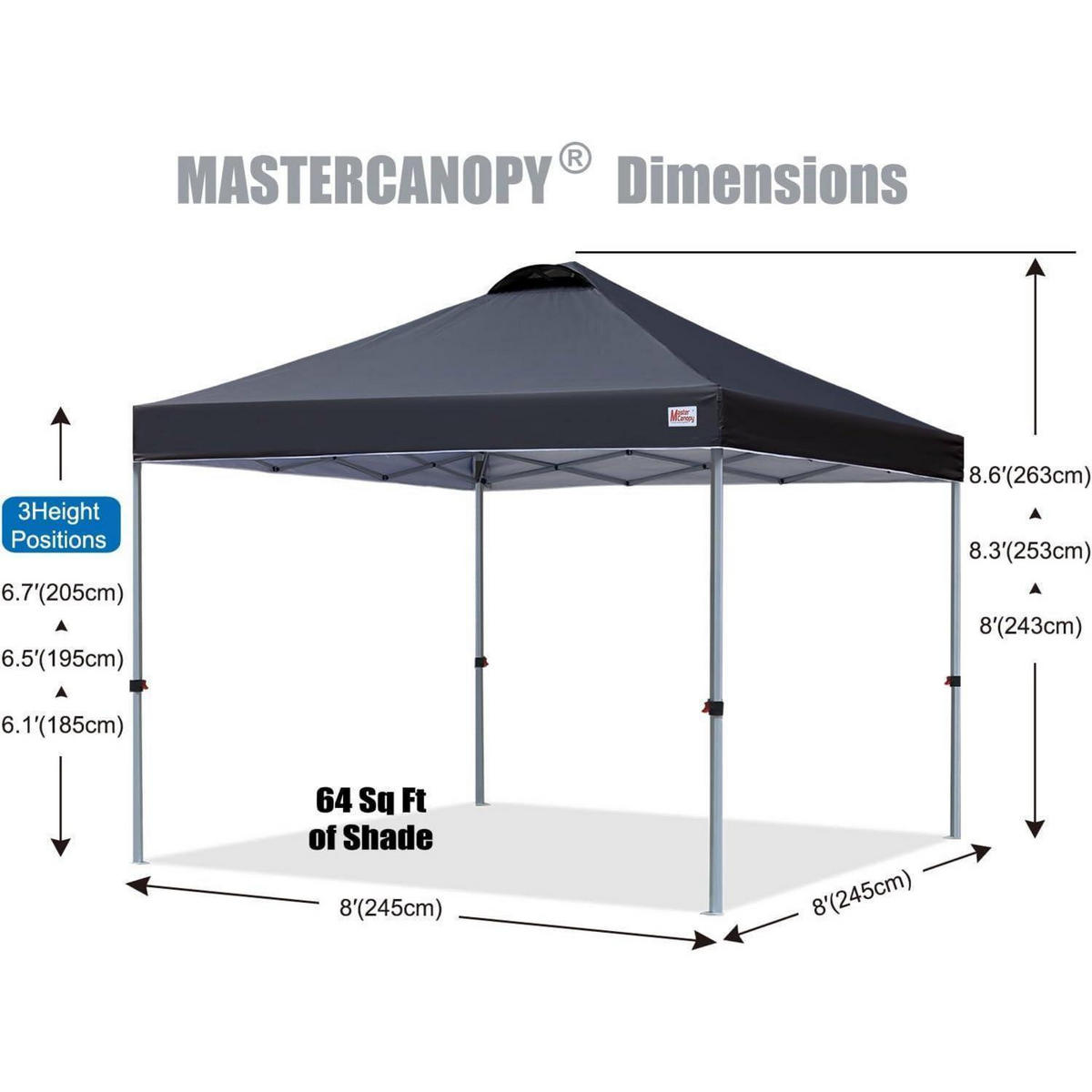 PAVILLON 2,5 x 2,5 m Anthrazit Schnellaufbau 3-fach höhenverstellbar UPF50+ wasserabweisend inkl. Rolltasche - Anthrazit, Textil (250/206/250cm)