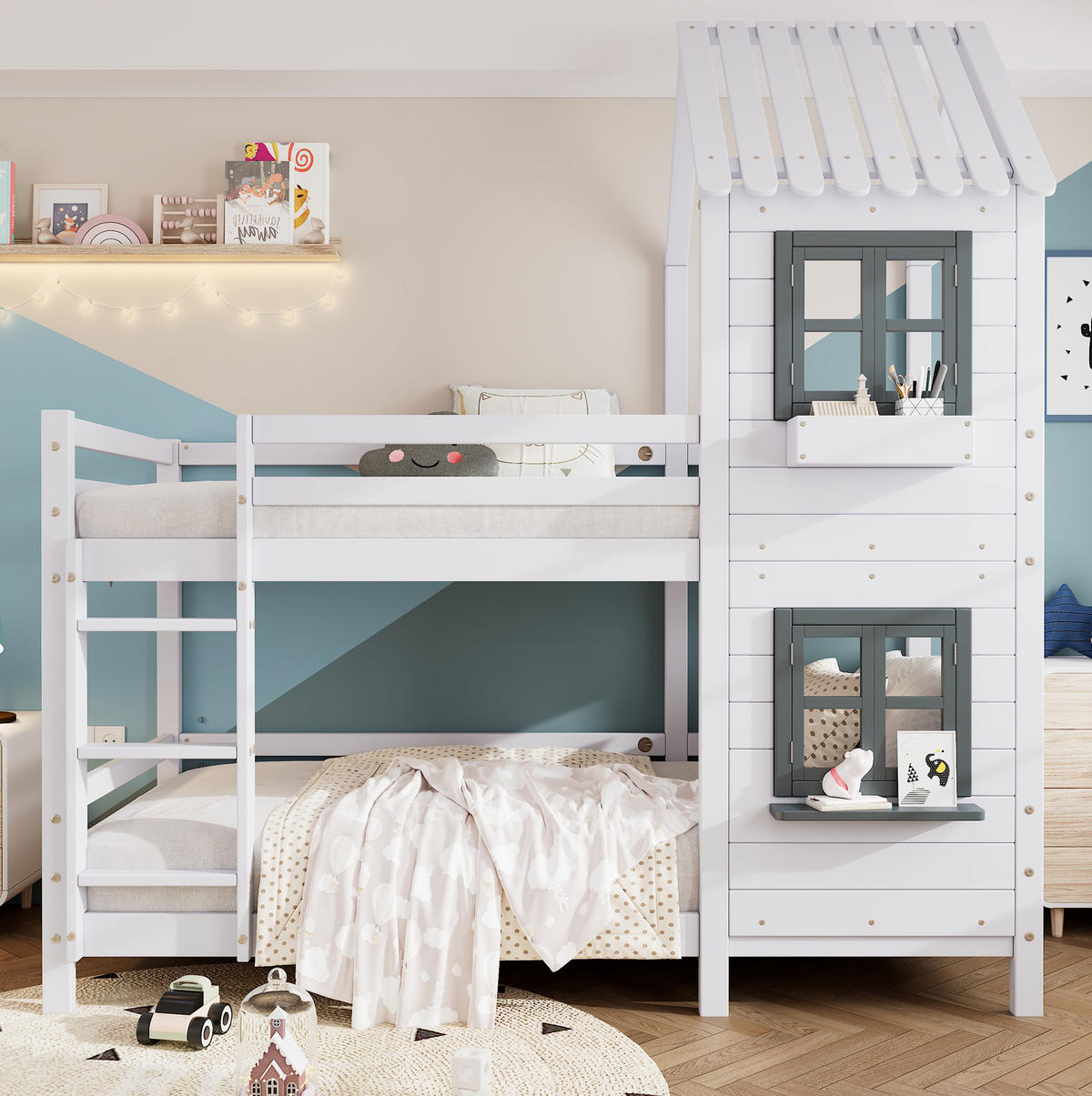 HAUSBETT 90/200 cm Weiß/Grau mit Fenstern und Leiter im Hausbett-Design - Weiß, Holzwerkstoff (90/200cm) - Flora Grace