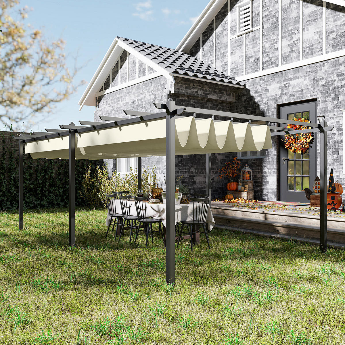 PERGOLA DE-12645 350/600 cm ausziehbar mit Alurahmen Beige - Beige, Metall (358/223/597cm) - ComfortXL