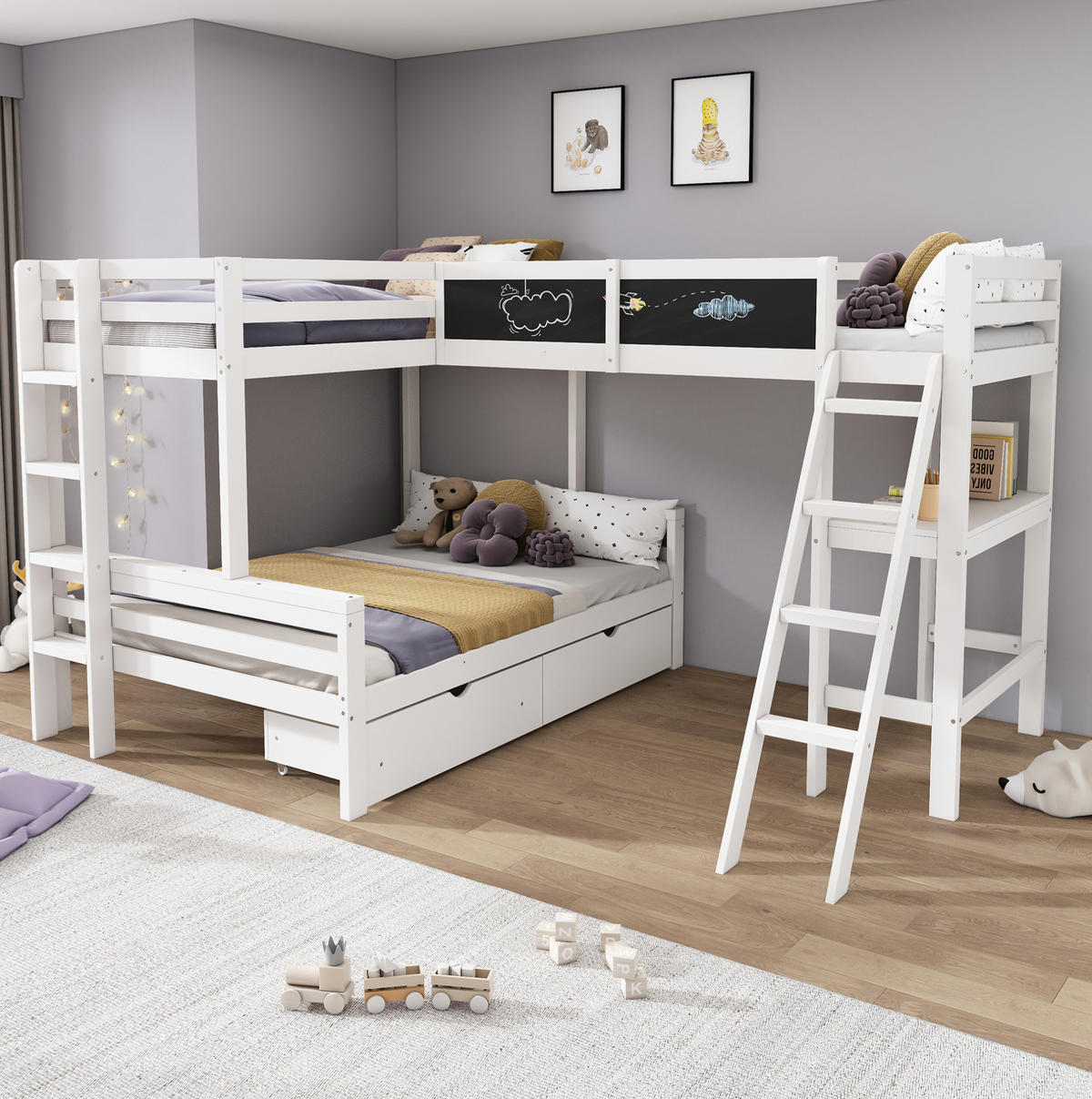 ETAGENBETT 140/200 cm weiß/eichefarben aus Massivholz mit Schreibtisch - Weiß, Holz (140/200cm) - OKWISH