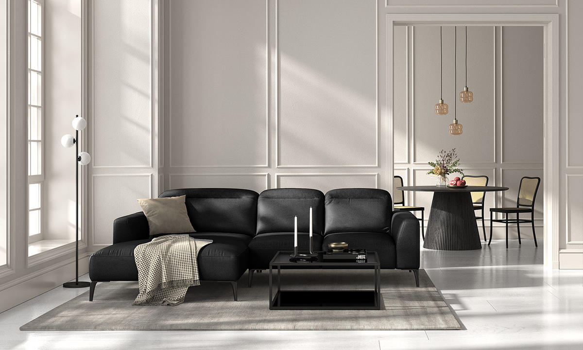 ECKSOFA mit Longchair - Schwarz, Leder/Metall (265/180cm) - home24