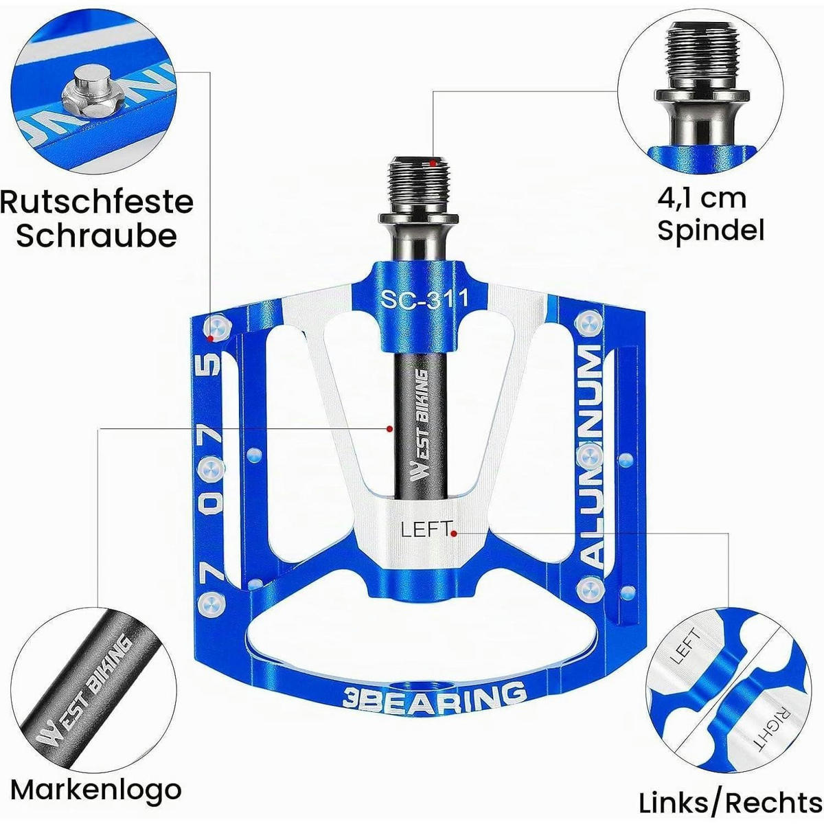 FAHRRADPEDALE Aluminium CNC blau 9/16 Zoll rutschfest 3 Dichtlager - Blau, Metall (10/1.5/10cm)