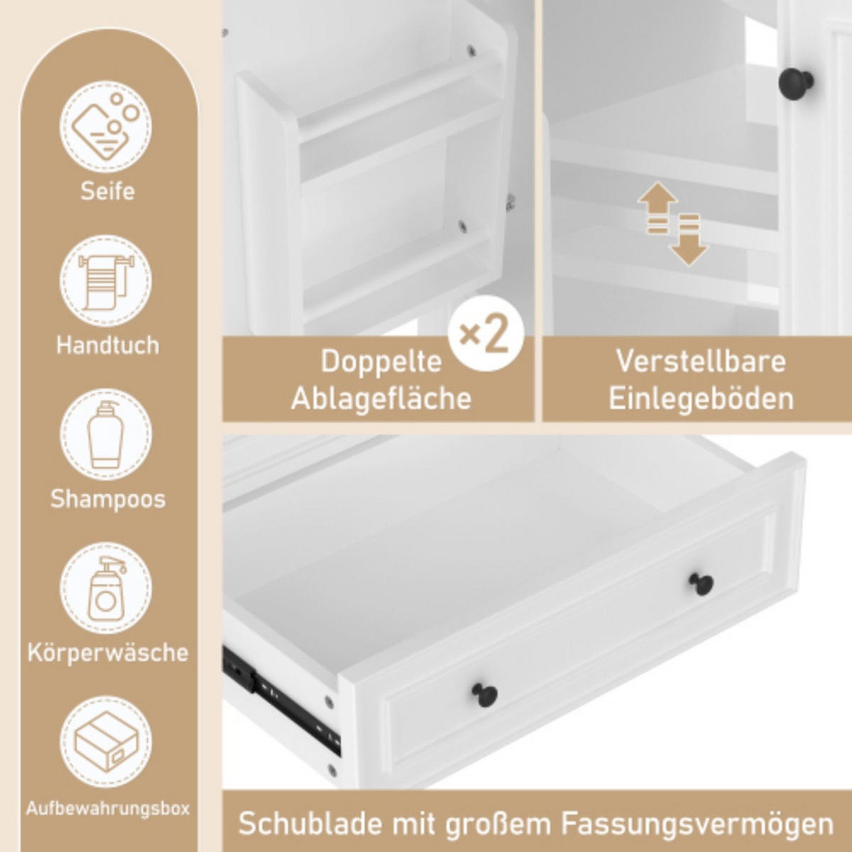 WASCHTISCHKOMBI 76/46/87 cm weiß aus MDF und Keramik mit Waschbecken, Schublade und Massivholzbeinen - Weiß, Holzwerkstoff (76/87/46cm) - OKWISH