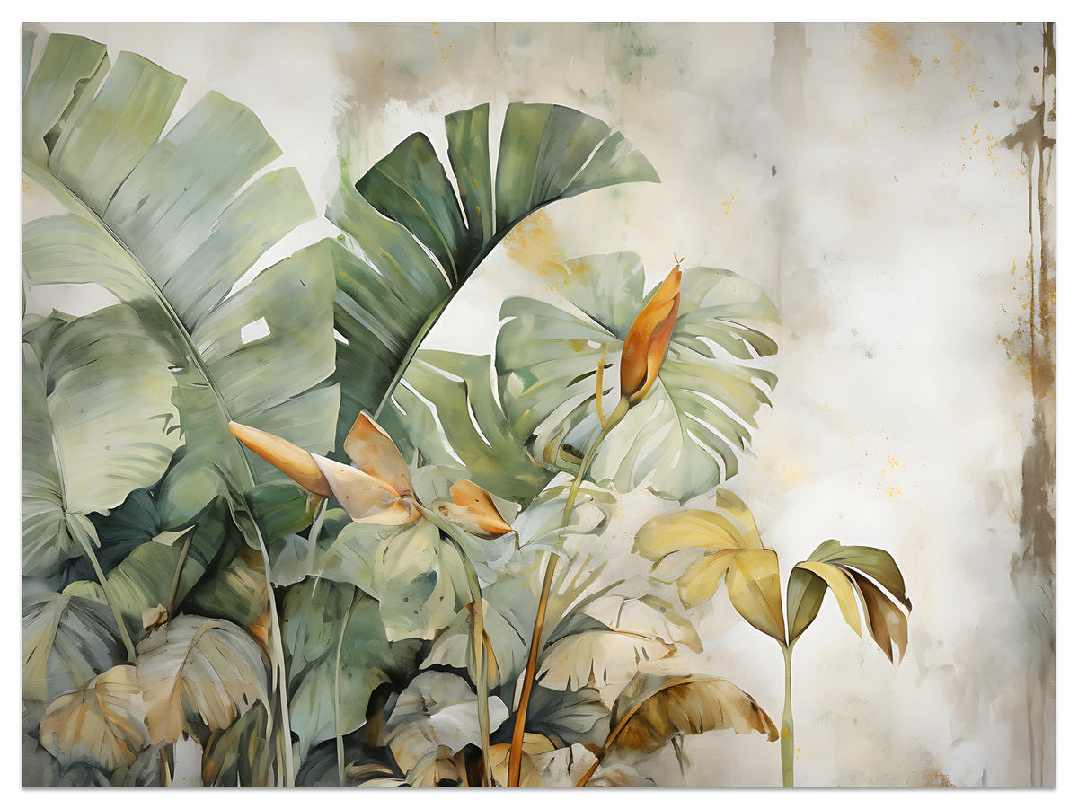 FOTOTAPETE für Wohnzimmer Exotische Blätter Abstrakt Pastell 300x210 - Gelb/Beige, Papier (300/210cm) - Muralo