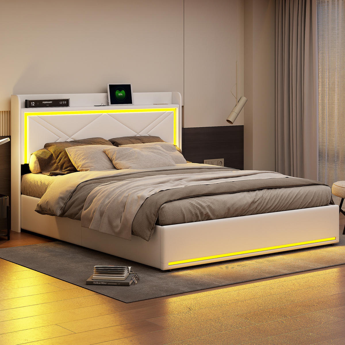 POLSTERBETT 140x200 cm, Weiß, mit LED & USB - Weiß, Textil/Metall (140/200cm)