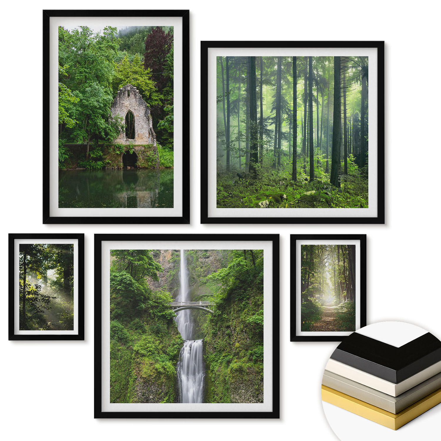 WANDBILDER 5er-Set - 50x50 cm & 20x30 cm & 40x60 cm Schwarzer Rahmen - Grüne Wälder, Lichtstrahlen - Schwarz, Kunststoff (40/60cm) - ArtPrintCave