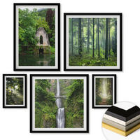 WANDBILDER 5er-Set - 50x50 cm & 20x30 cm & 40x60 cm Schwarzer Rahmen - Grüne Wälder, Lichtstrahlen - Schwarz, Kunststoff (40/60cm) - ArtPrintCave