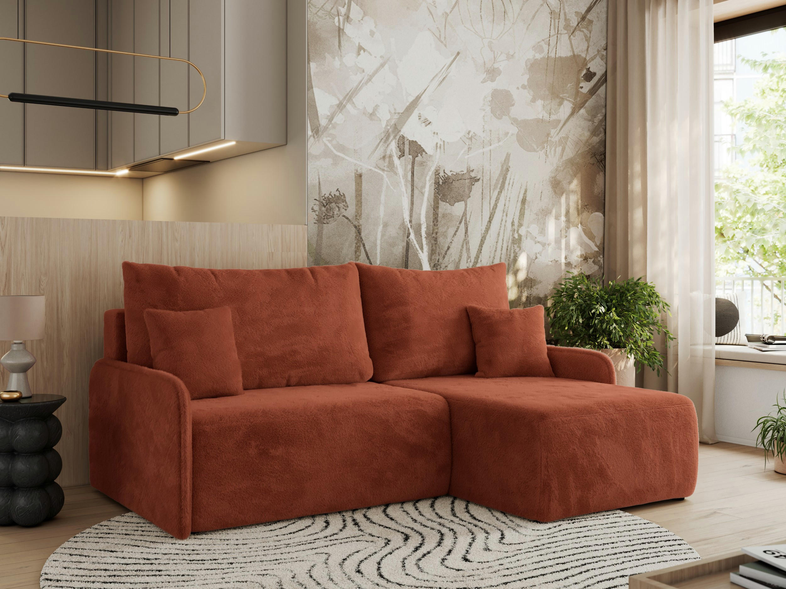 ECKSCHLAFSOFA ARPA L Orange Plüsch - rechts - Schwarz/Orange, Kunststoff/Textil (150/198cm) - MKS