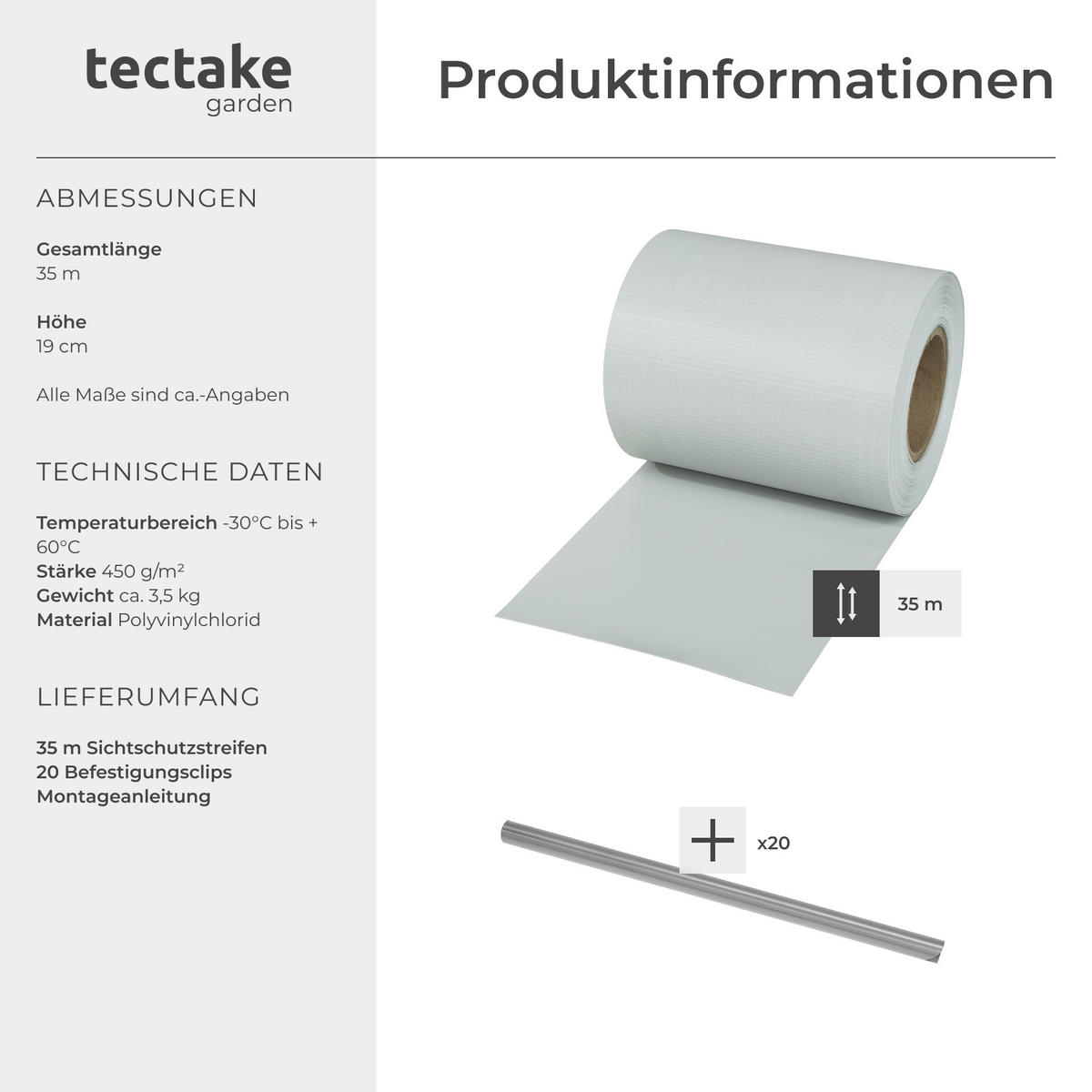 SICHTSCHUTZSTREIFEN ,leichte Montage, inklusive Befestigungsclips,hellgrau - Hellgrau, Kunststoff (3500/19cm) - tectake
