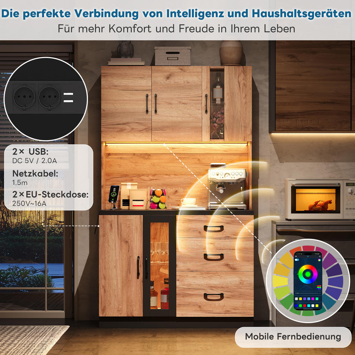 KÜCHENHOCHSCHRANK mit LED und Steckdose 105 x 40 x 180 cm MDF Neutral - Braun, Holzwerkstoff (40/180/105cm) - Meubliv