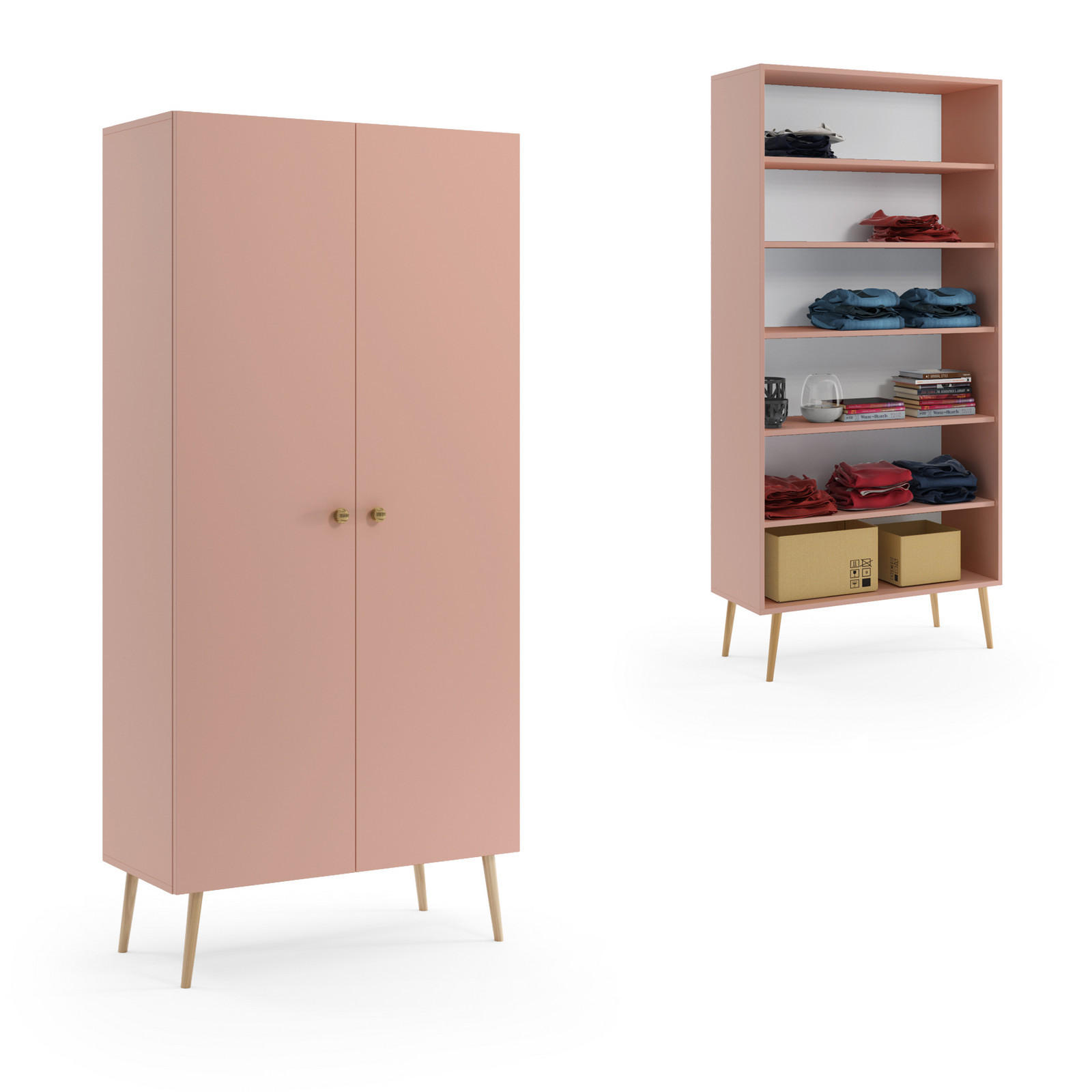 SCHRANK Rosa Boho Tiefe Holzbeine 5 Regale - Rosa, Holzwerkstoff (87/212/41cm) - Sepro Meble