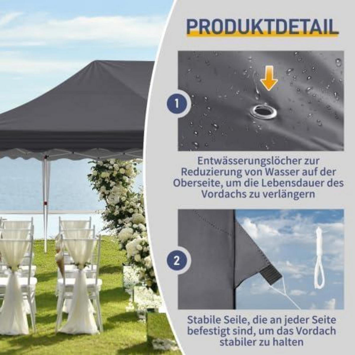 GARTENPAVILLON 3x6m höhenverstellbar wasserdicht mit 6 Seitenteilen dunkelgrau - Anthrazit, Textil (300/255/600cm)