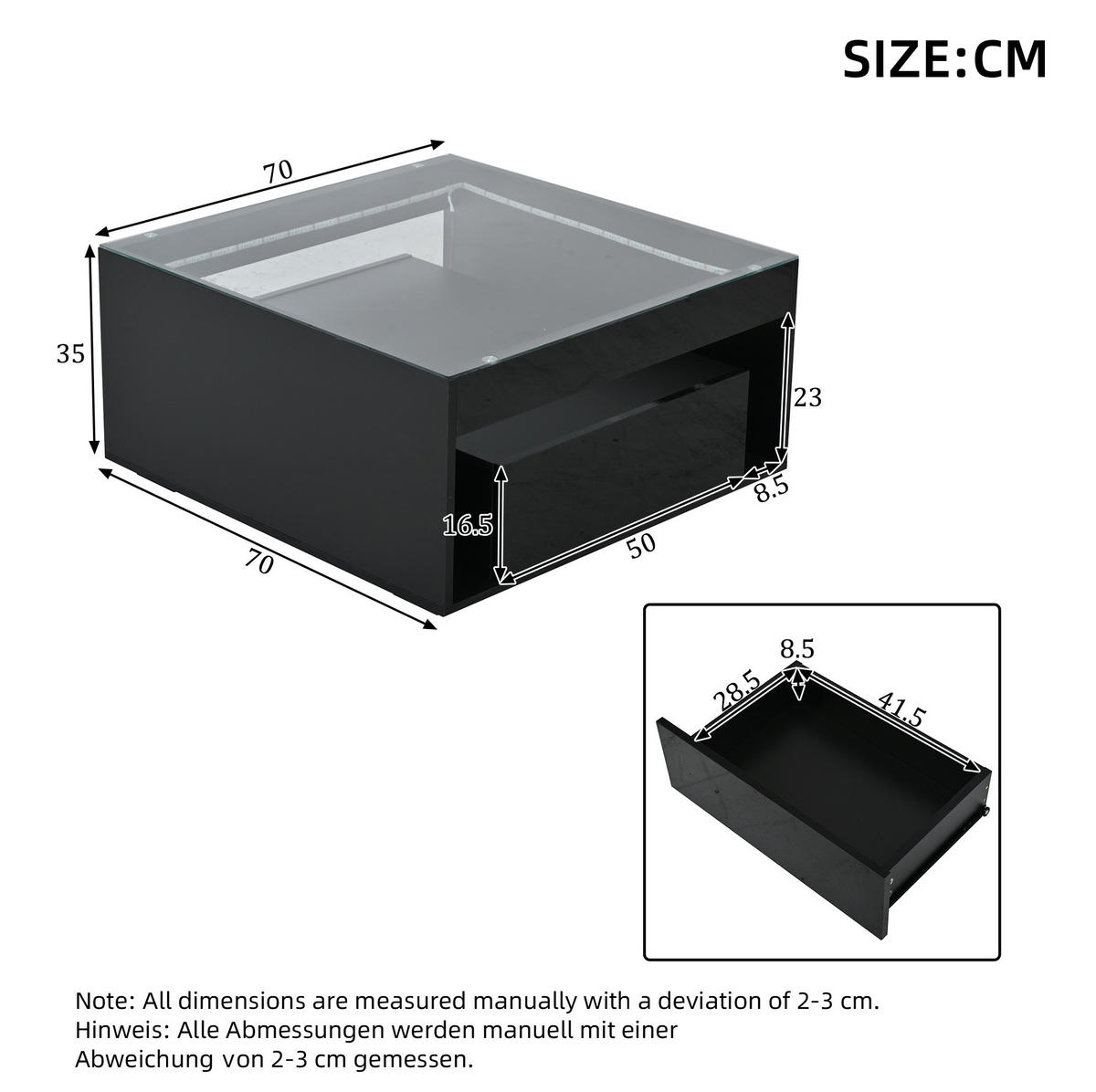 COUCHTISCH aus MDF und Glas 70x70x35 cm in Schwarz mit LED-Beleuchtung - Schwarz, Holzwerkstoff (70/70/35cm) - Modfu