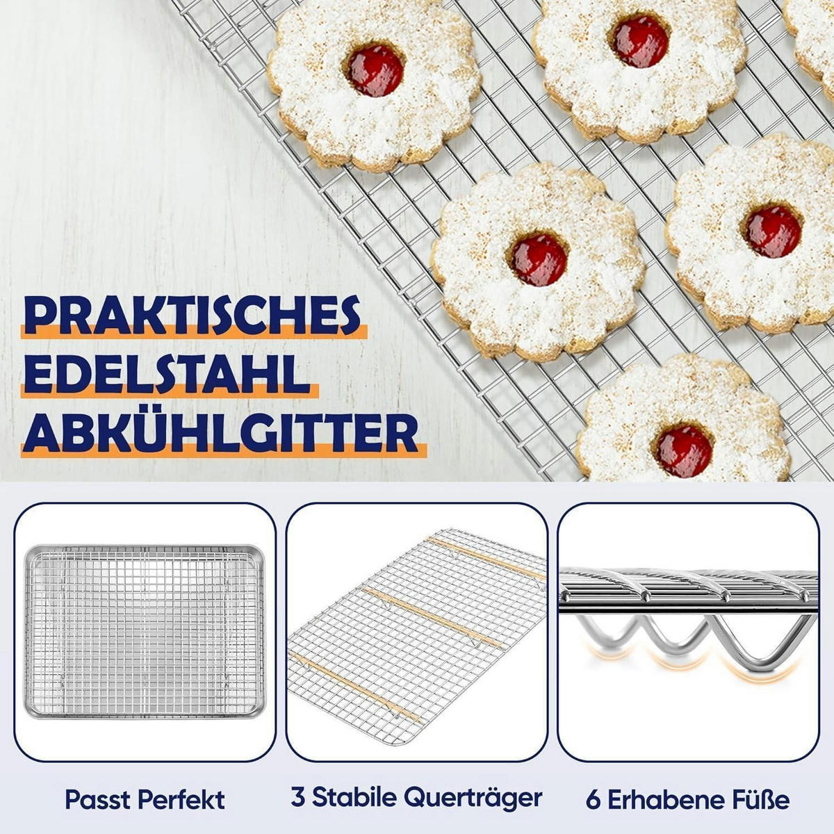 BACKBLECH mit Abkühlgitter Set 40,5 x 30,5 x 2,5 cm Edelstahl - Silberfarben, Metall (30/2.5/40.5cm)