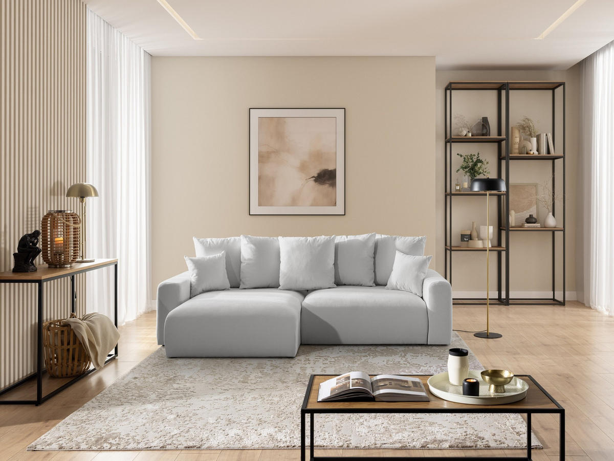 ECKSOFA Calma mit Schlaffunktion und Bettkasten im Bumpy-Design aus weichem Grau Webstoff - Ottomane links - Schwarz/Grau, Holz/Kunststoff (239/140cm) - S-Style