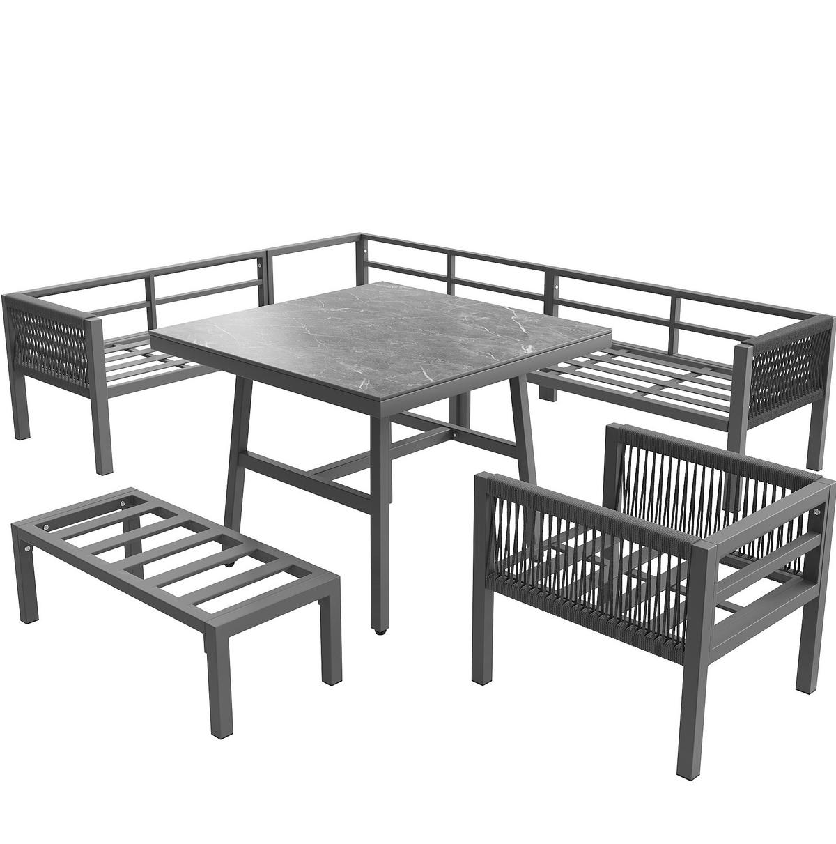 GARTENLOUNGE 118/61/80 cm grau aus Eisen mit Marmorglastisch und waschbaren Polstern - Grau, Metall - OKWISH