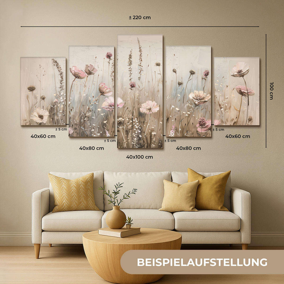 LEINWANDBILD 5er Set Blumen - Beige - Modern - Rosa 200x100 cm - Ecru, Textil (200/100cm) - MuchoWow