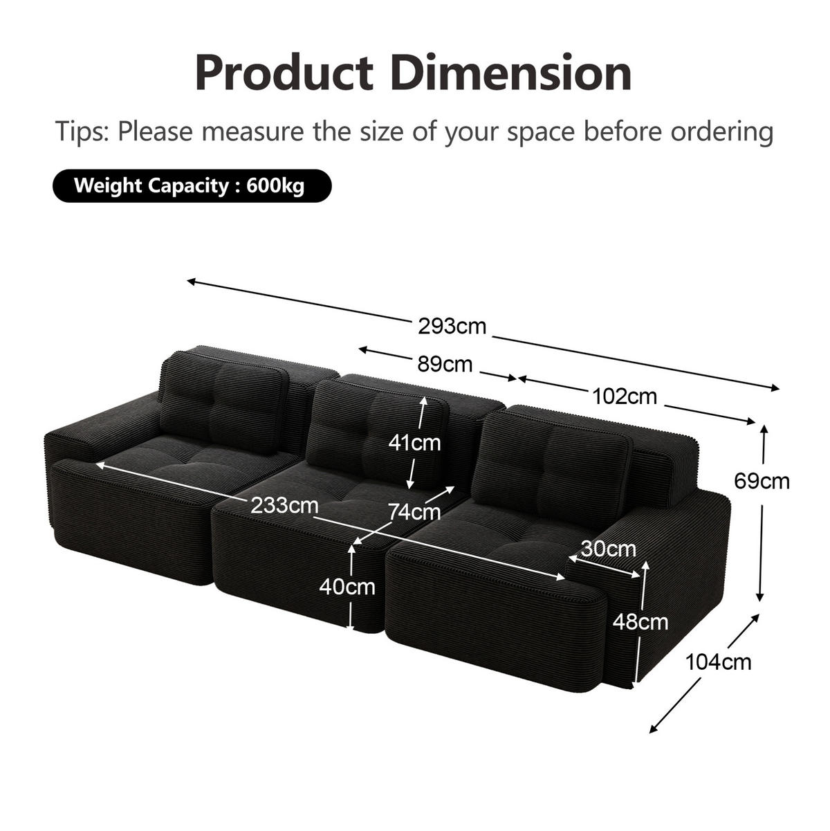 ECKSOFA 293/104/69 cm schwarz aus Cord ohne Montage - Schwarz, Textil (104/293cm) - OKWISH