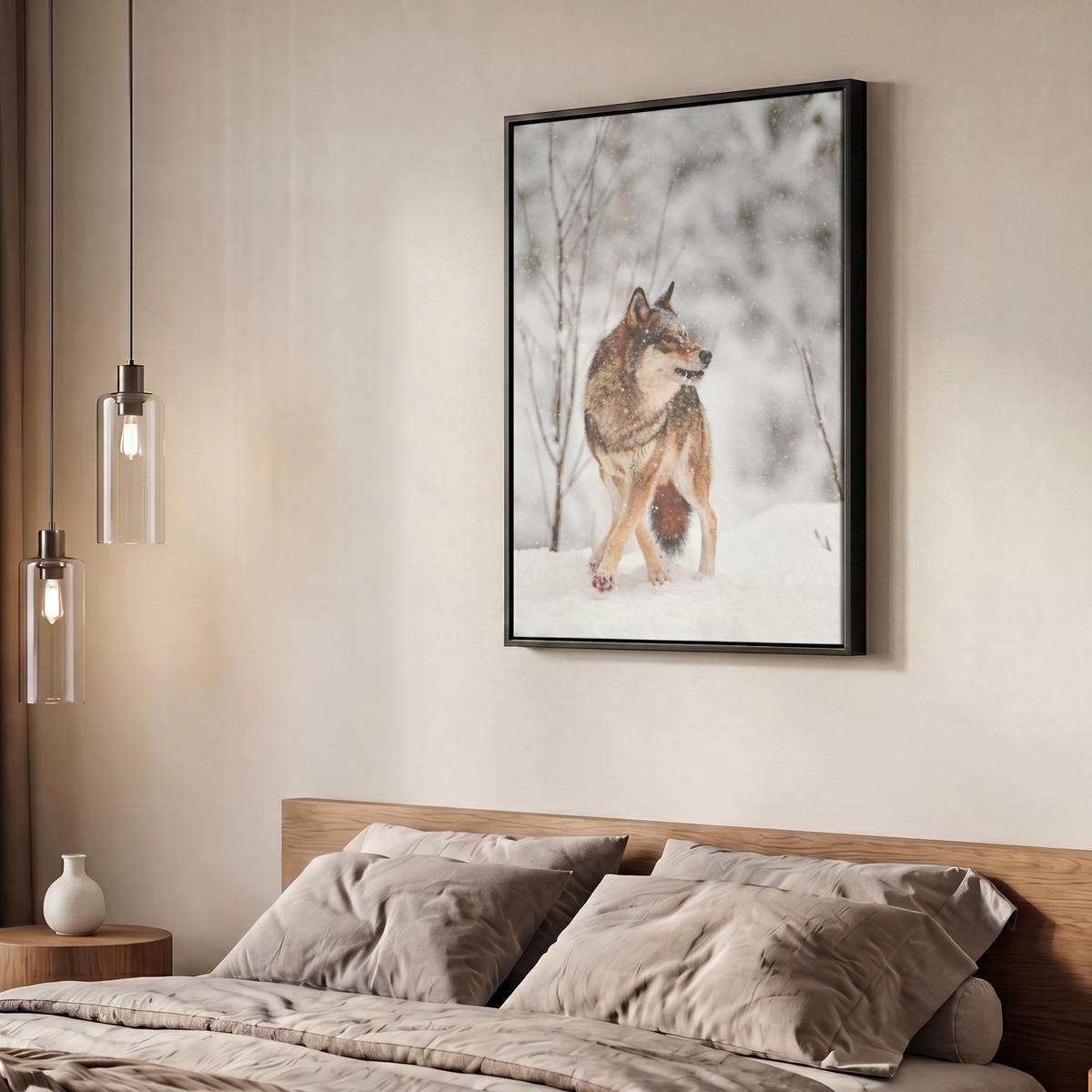 LEINWAND Bilder mit Rahmen - Wolf - Winter - Schnee - Natur - Tiere - 50x70 - Haselnussfarben, Textil (50/70cm) - MuchoWow