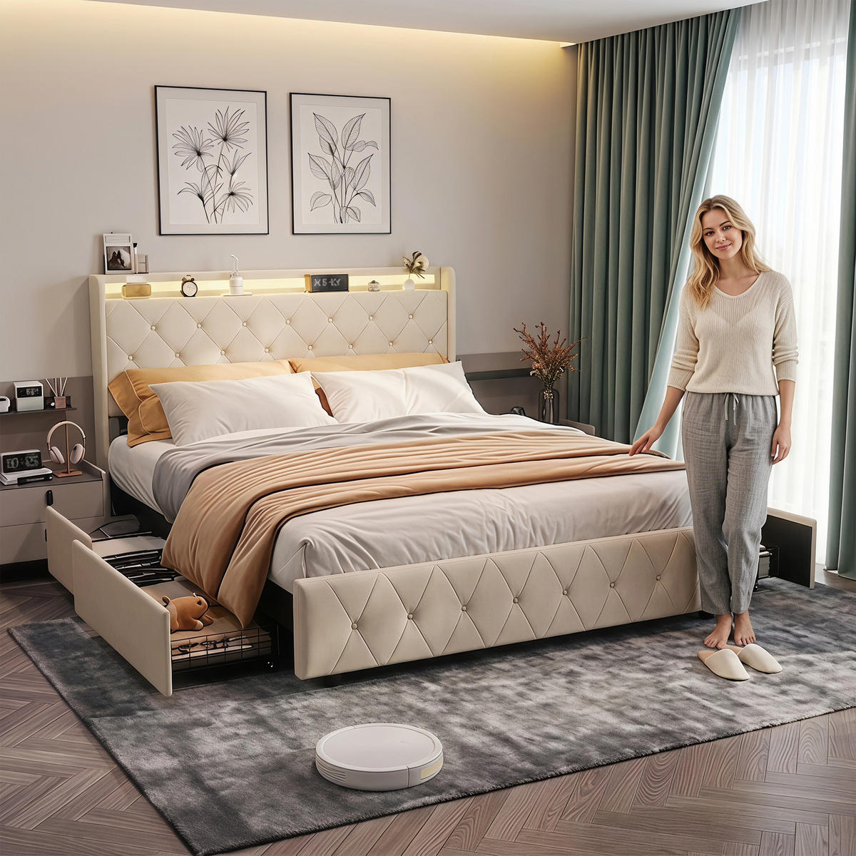 POLSTERBETT, LED-Beleuchtung Doppelbett 140x200cm mit Ladefunktion und 4 Schubladen, Samt, beige - Beige, Holz/Holzwerkstoff (140/200cm) - GENKI LIVING