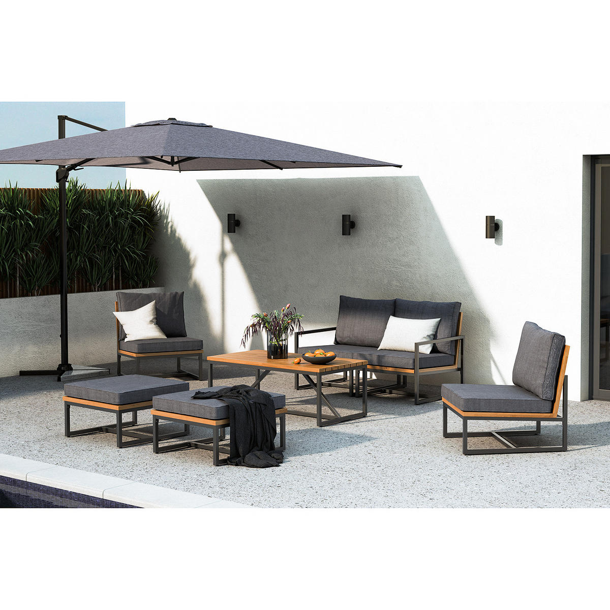 LOUNGEECKE - Polyester / Akazie massiv - Grau / Braun - Braun/Grau, Holz/Textil (68/79/82cm) - home24