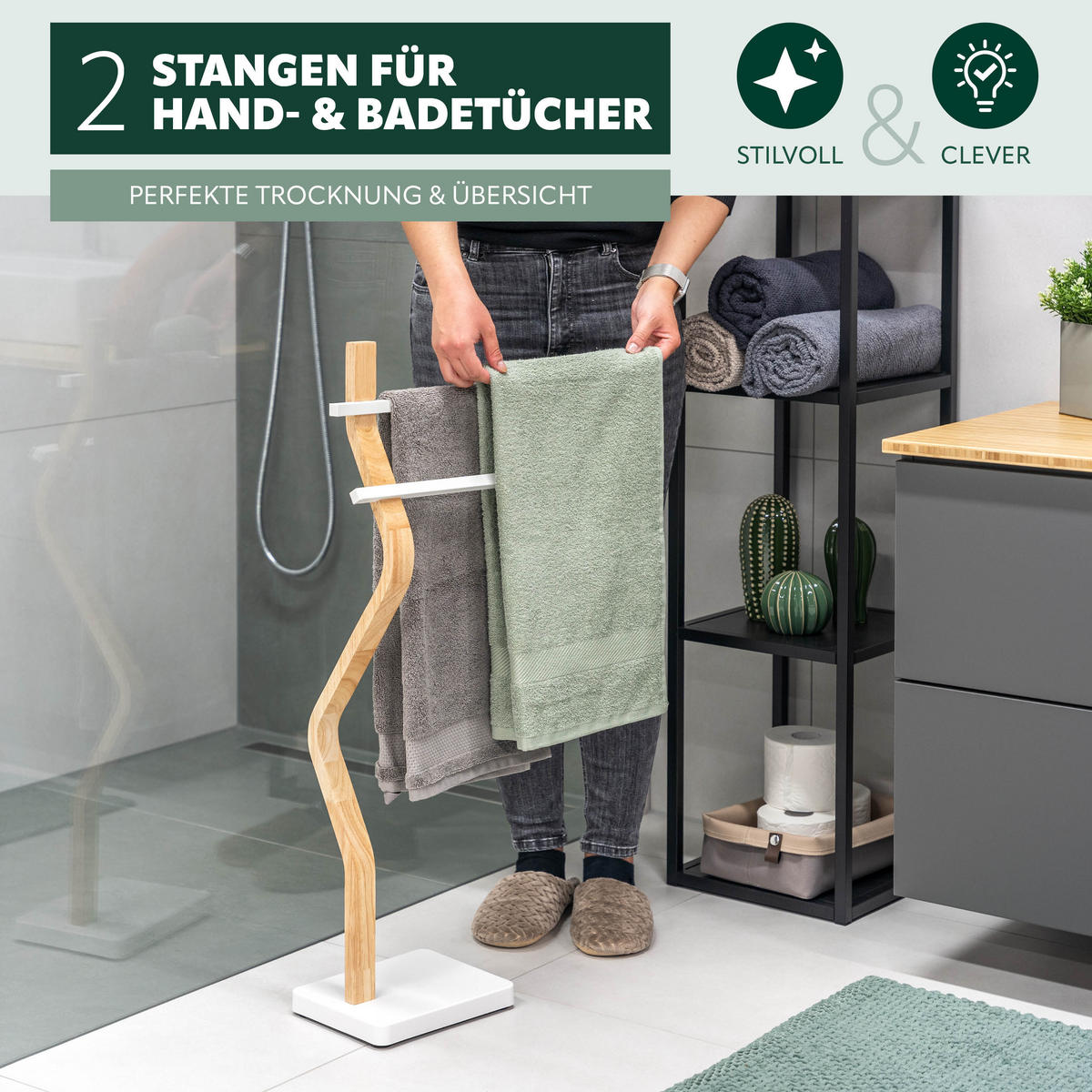 B-WARE eluno Stand-Handtuchhalter freistehend, 2 Stangen, Handtuchständer aus Holz und weißem Metall - Weiß, Holz (37/85.5/18cm) - eluno