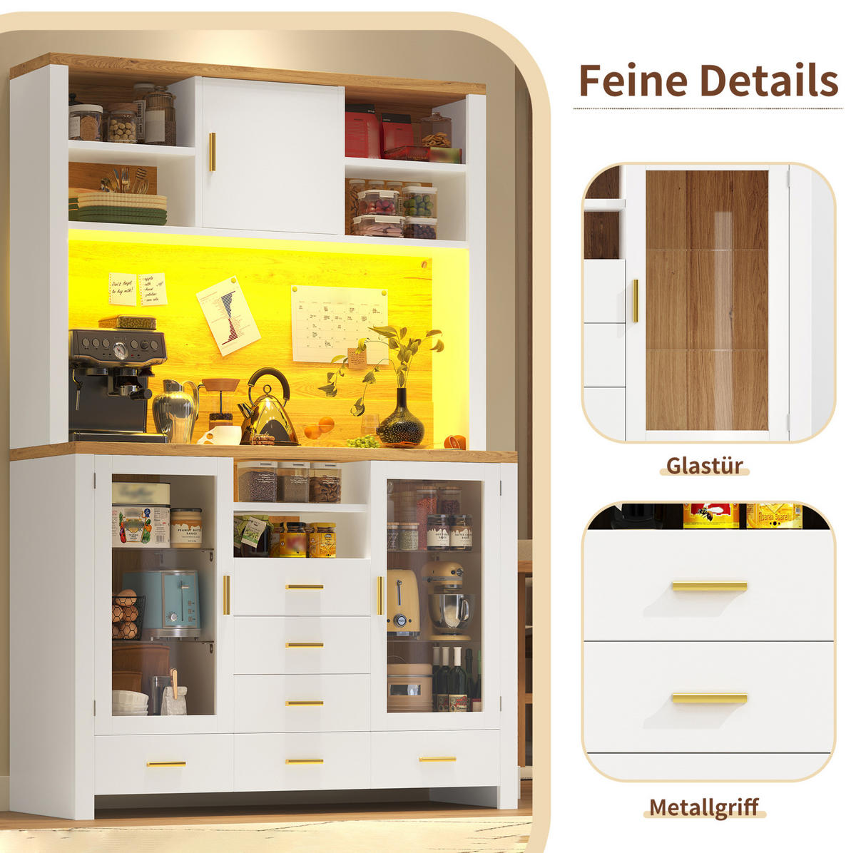 BUFFETSCHRANK 120/40/180 cm mit LED-Lichtleiste, viel Stauraum und MDF-Korpus, Weiß/Holzoptik - Weiß, Holzwerkstoff (120/188/40cm) - Redom