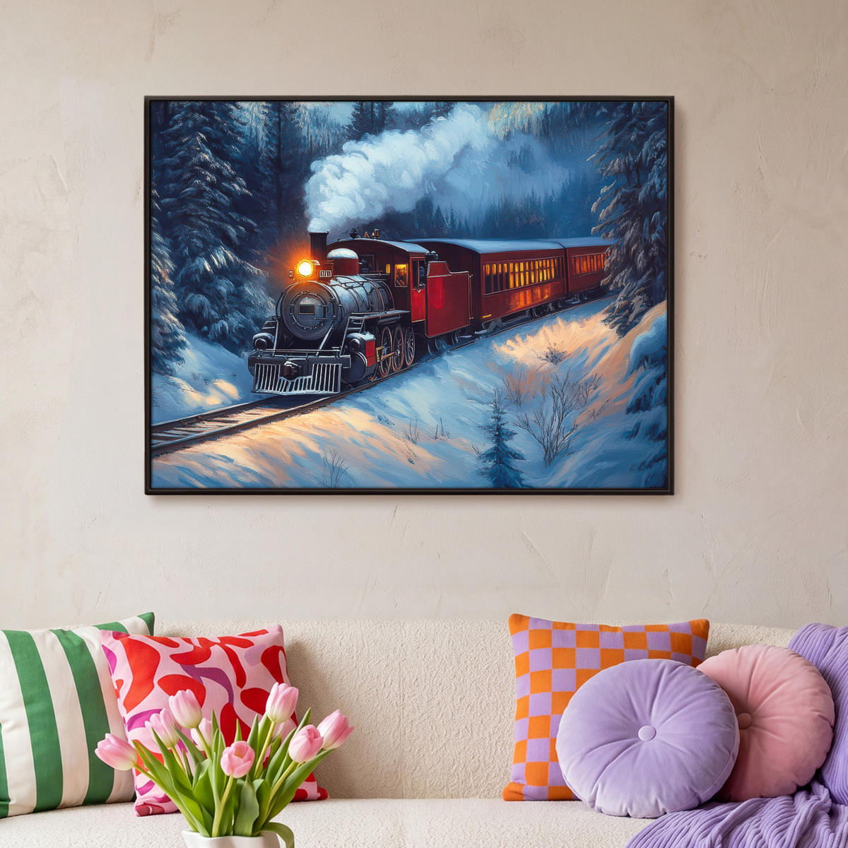 LEINWAND Bilder mit Rahmen - Zug - Weihnachten - Schnee - Weihnachtszug - 100x70 - Anthrazit, Textil (100/70cm) - MuchoWow