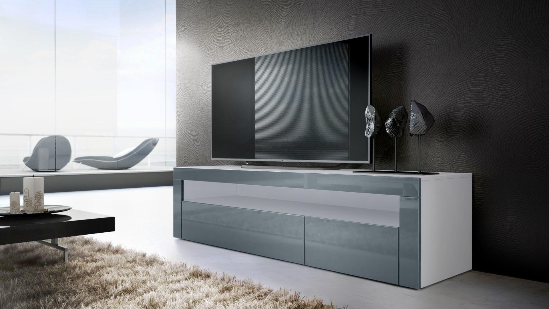 WOHNZIMMERSET Berlin Grau Hochglanz - Grau, Holzwerkstoff (155/46/40cm) - Vladon