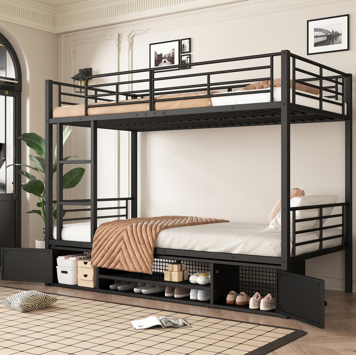 ETAGENBETT 90/200 cm Schwarz aus Eisen mit Schuhablage und Sicherheitsgitter - Schwarz, Metall (90/200cm) - OKWISH