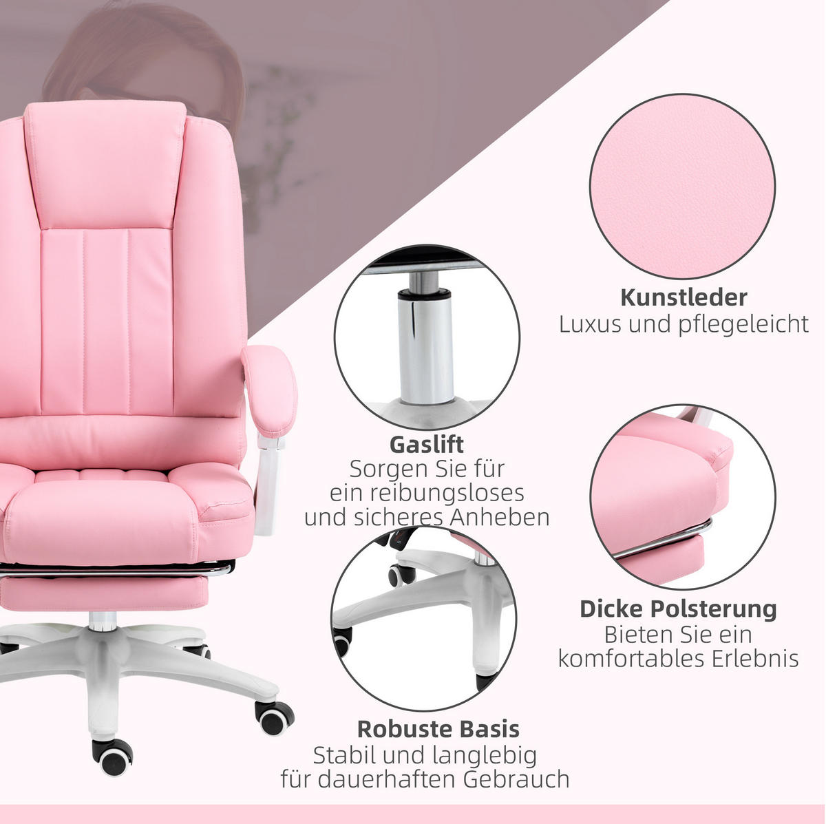 DREHSTUHL 65/68/107-116 cm rosa aus Kunstleder mit Fußstütze - Rosa, Kunststoff (68/116/65cm) - OKWISH