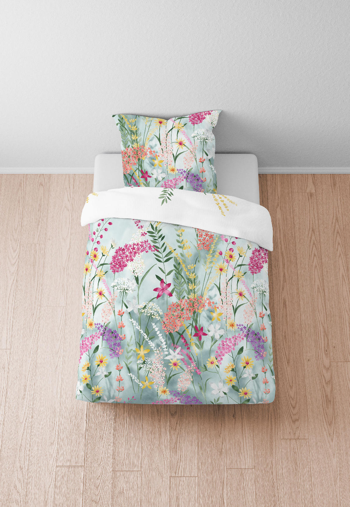 BETTWÄSCHE-GARNITUR Seersucker Sommerwiese aqua, 155x220 cm + 80x80 cm - Türkis, Textil (155/220cm) - biberna