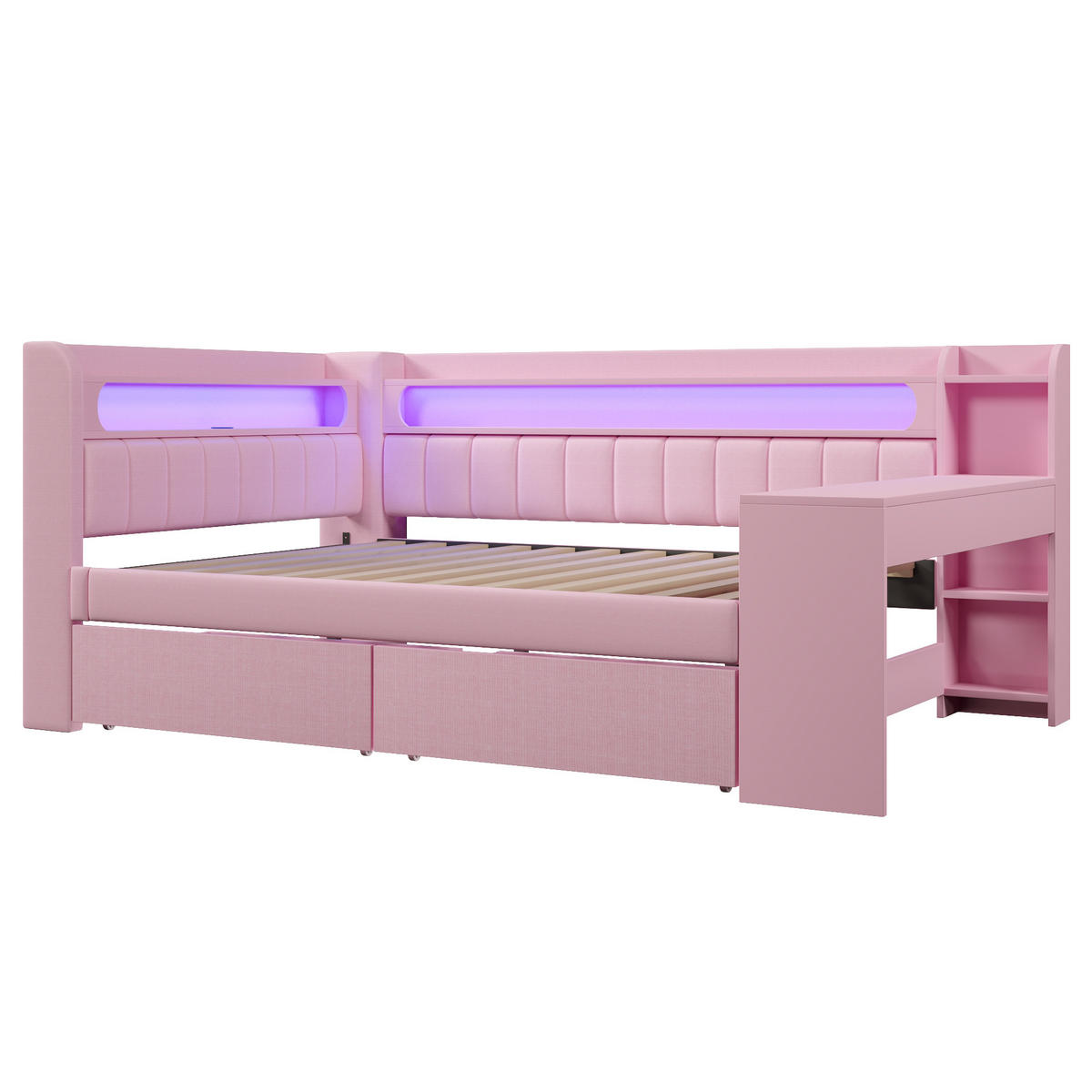 BETT 140/200 cm in Rosa Stoff mit 2 Schubladen, LED, USB und Schreibtisch - Rosa, Holzwerkstoff/Textil (140/200cm) - WISHDOR