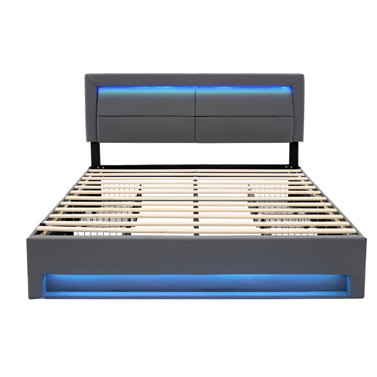 POLSTERBETT aus PU 140x190 cm Grau mit LED-Beleuchtung, USB- und kabelloser Ladefunktion, 4 Schubladen - Grau, Kunststoff (140/190cm) - IVMEU