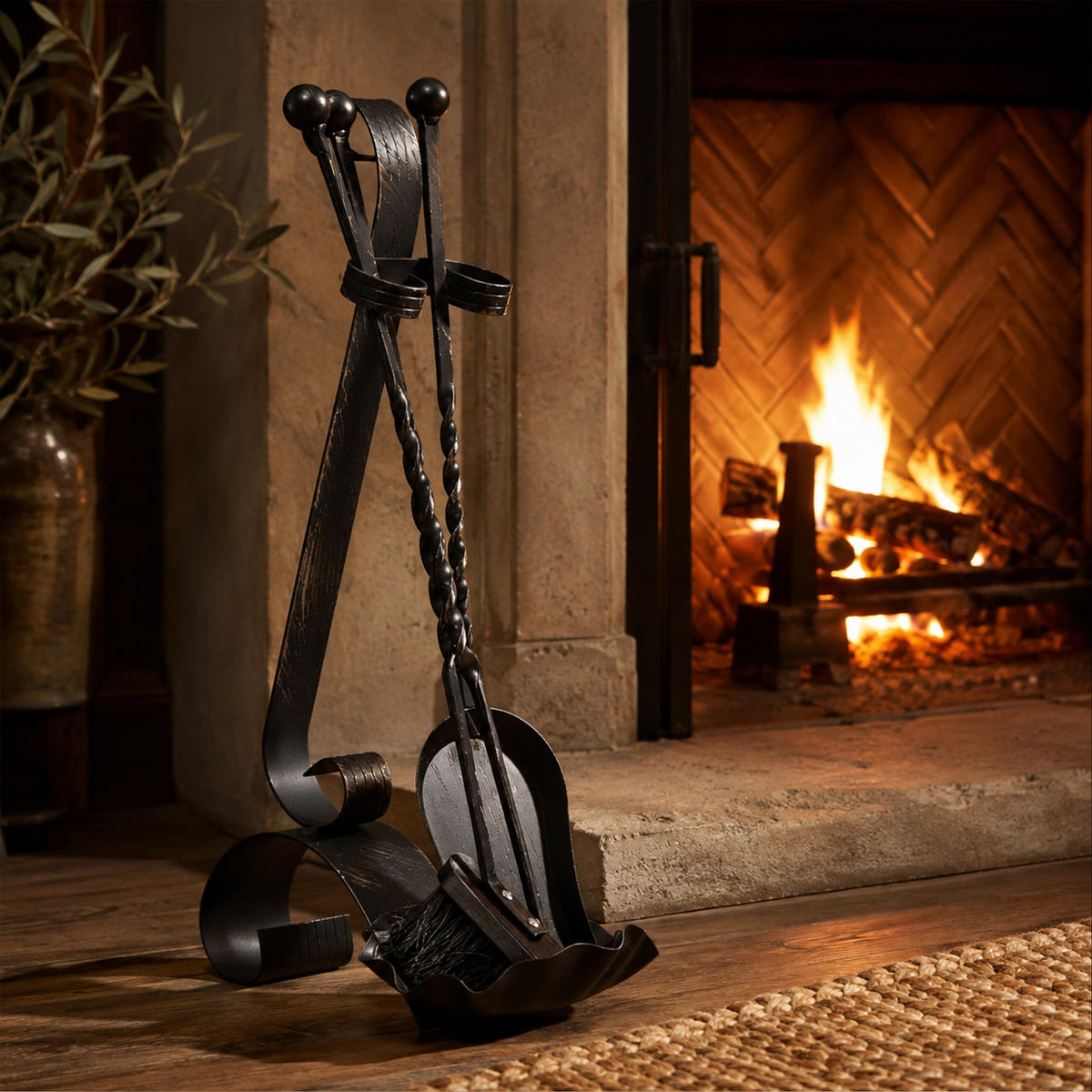 KAMINBESTECK Antik 4-tlg. Stahl 57 cm - Schwarz, Metall (21/57/36cm) - Relaxdays
