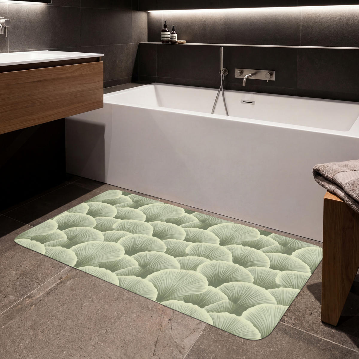 KOUPELNOVÁ PŘEDLOŽKA Vějíř - list - zelený 120x60 cm - pastelově zelená, textil/plast (120/60cm)