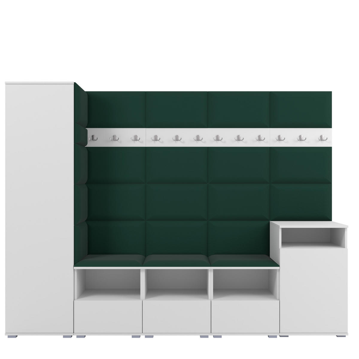 GARDEROBE NELA XI 250 cm (Modulare Flurmöbel Weiß mit Sitzpolster Flaschengrün 28 Großes Set) - Dunkelgrün/Silberfarben, Holz/Holzwerkstoff (250/187/40cm) - Ravio