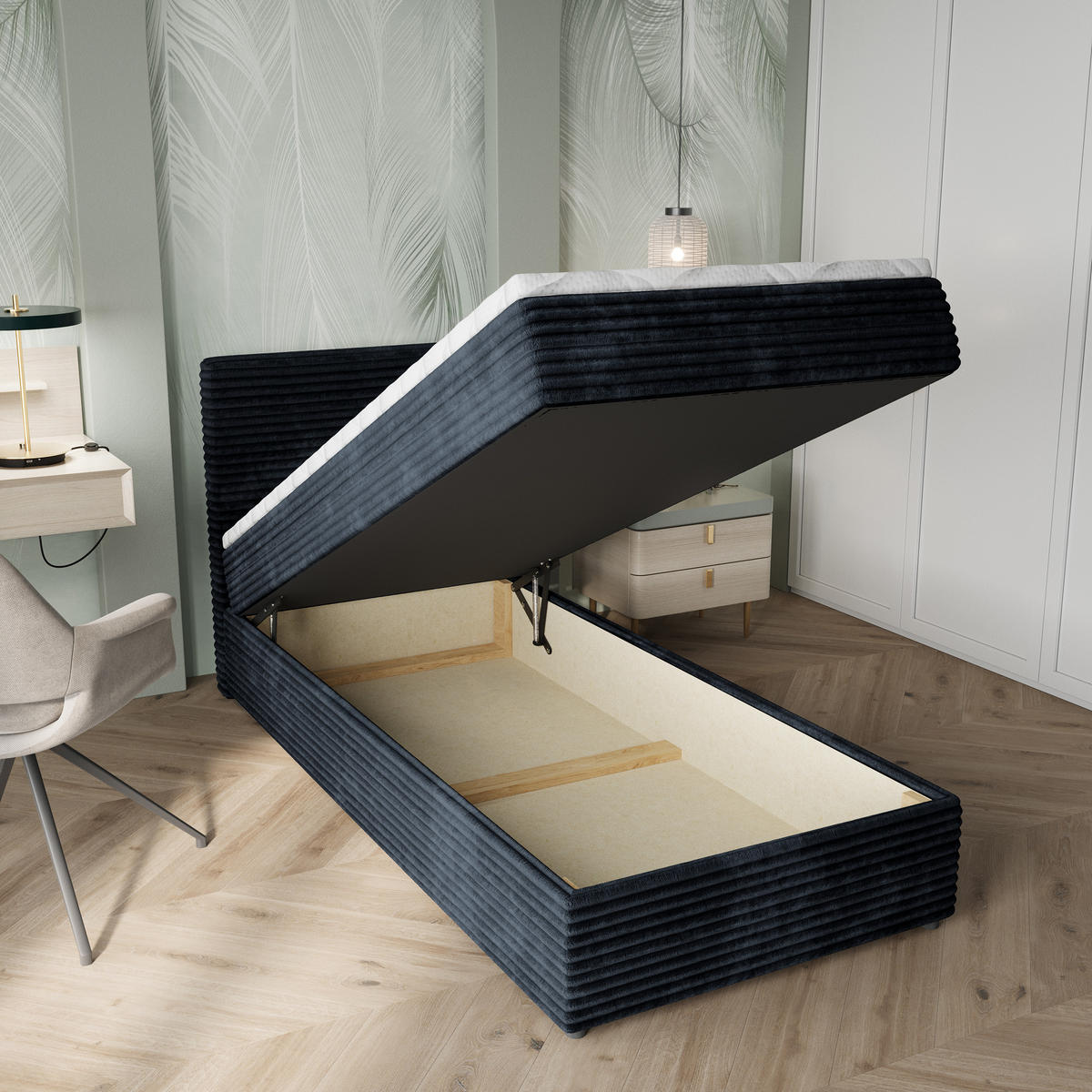 BOXBETT PISA 80 80x200 cm mit Matratze und Topper, H2+H3 - Schwarz - Schwarz, Holz (80/200cm) - MASSENO