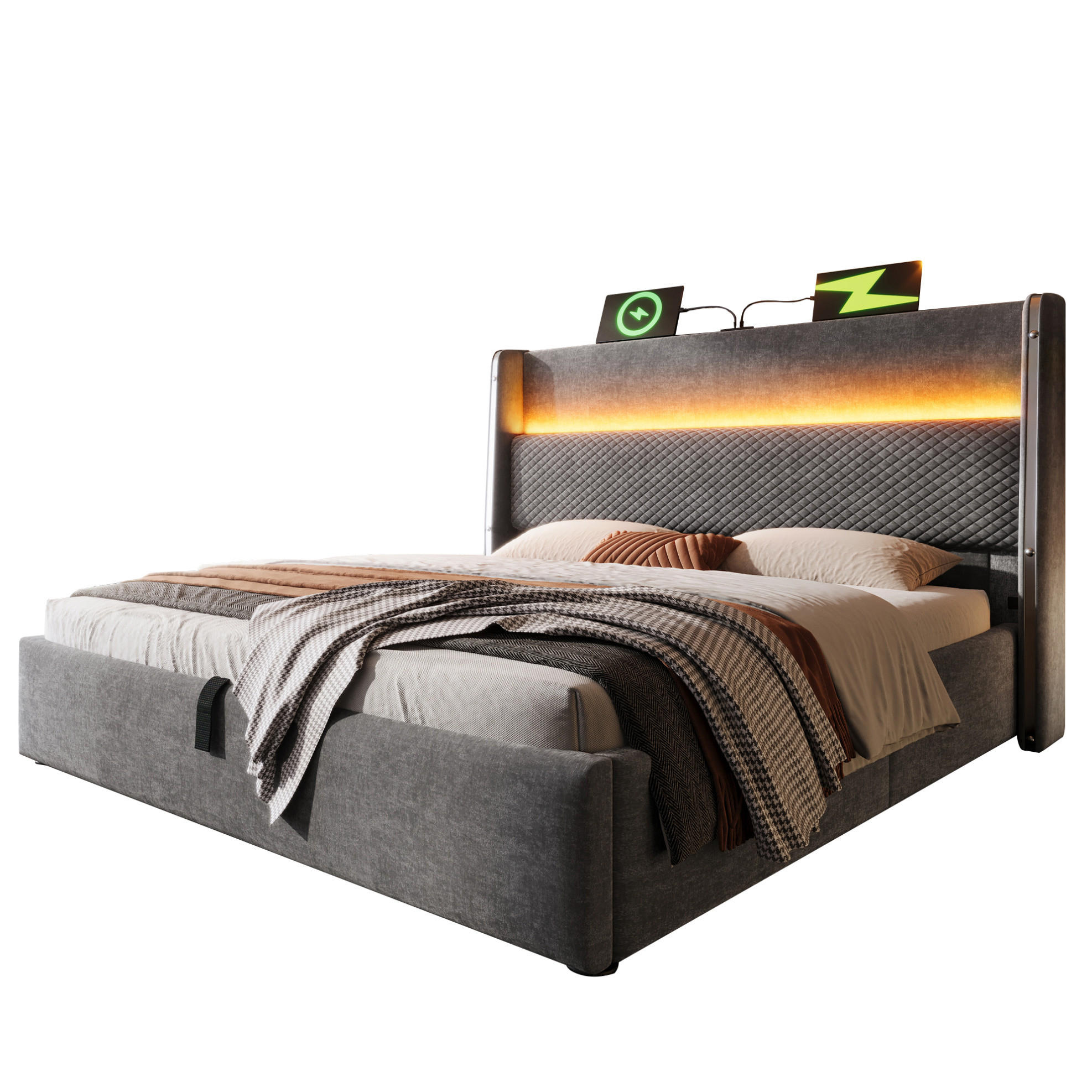 POLSTERBETT aus Leinen 160x200 cm in Grau mit LED und USB/Type-C - Grau, Textil (160/200cm) - Modfu