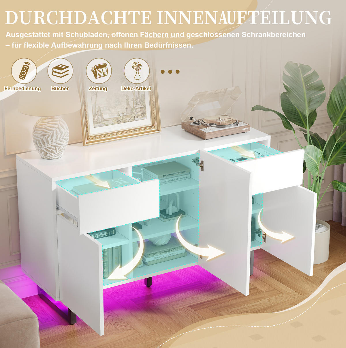 SIDEBOARD 120/40,5/75 cm mit Schubladen, Türen und verstellbaren Einlegeböden, großzügiger Stauraum, Weiß - Weiß, Holzwerkstoff (120/75/40.5cm) - Redom