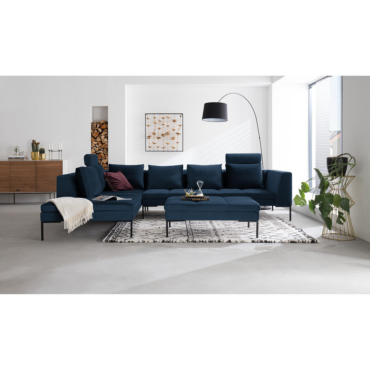 ECKSOFA mit Ottomane - Schwarz/Dunkelblau, Textil/Metall (319/230cm) - home24