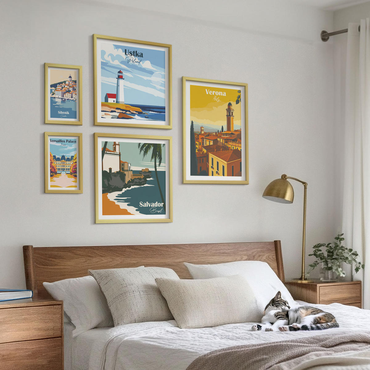 BILDER SET 5er Set - 50x50 cm & 20x30 cm & 40x60 cm Goldrahmen - Europäische Städte in farbigen Illustrationen - Goldfarben, Kunststoff (40/60cm) - TULUP