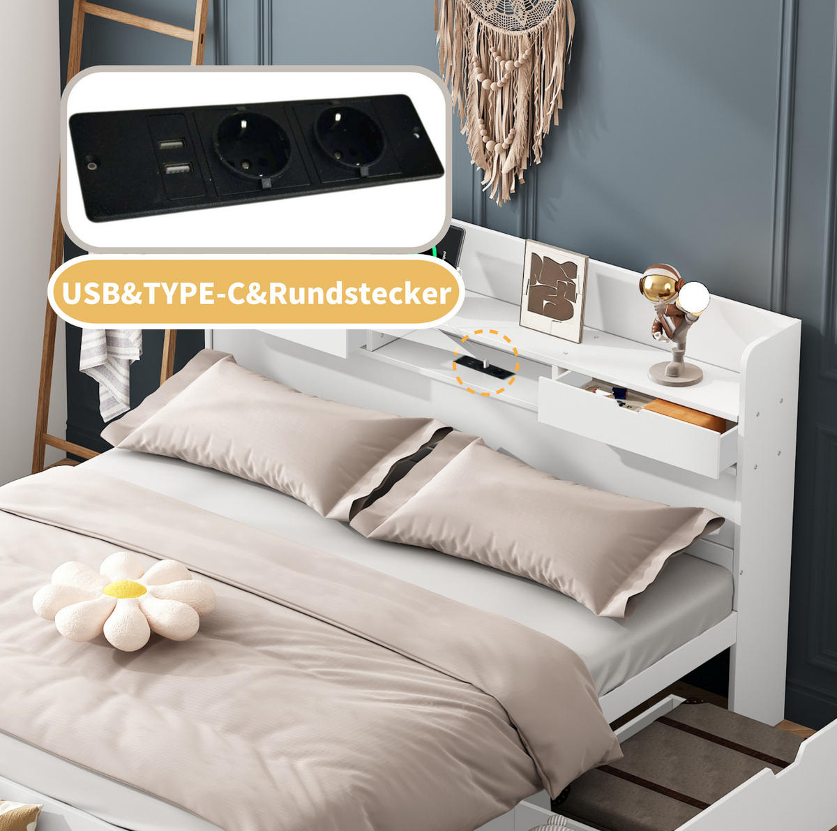 JUGENDBETT 140/200 cm aus Kiefernholz mit USB-Anschluss, Typ-C, Schubladen und Stauraum, Weiß - Weiß, Holzwerkstoff (140/200cm) - Redom