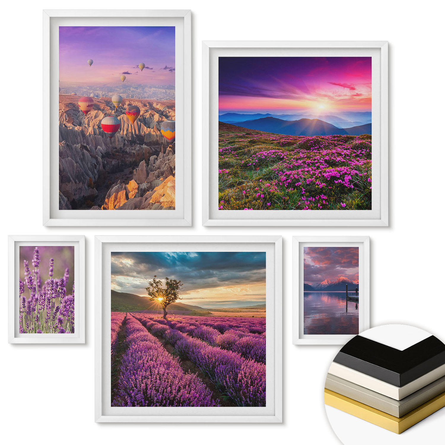 WANDBILDER 5er-Set - 50x50 cm & 20x30 cm & 40x60 cm Weißer Rahmen - Sonnenuntergang auf Lavendelfeldern - Weiß, Kunststoff (40/60cm) - ArtPrintCave