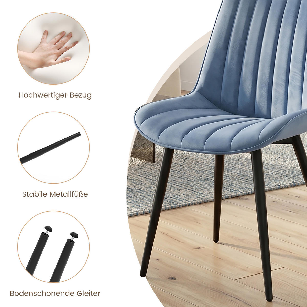 STUHL-SET 2 Stück aus Samt in Modernem Stil-YZ1 - Blau, Textil/Metall (62.5/88/53cm) - HOMAVO