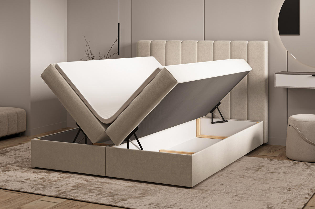 BOXBETT 01 140 x 200 cm - Manila – Stilvoll und bequem Mit Bettkasten, PU-Topper, Federmechanismus, waschbarer Bezug - Beige, Holz (140/200cm) - ROYAL24_MARKT